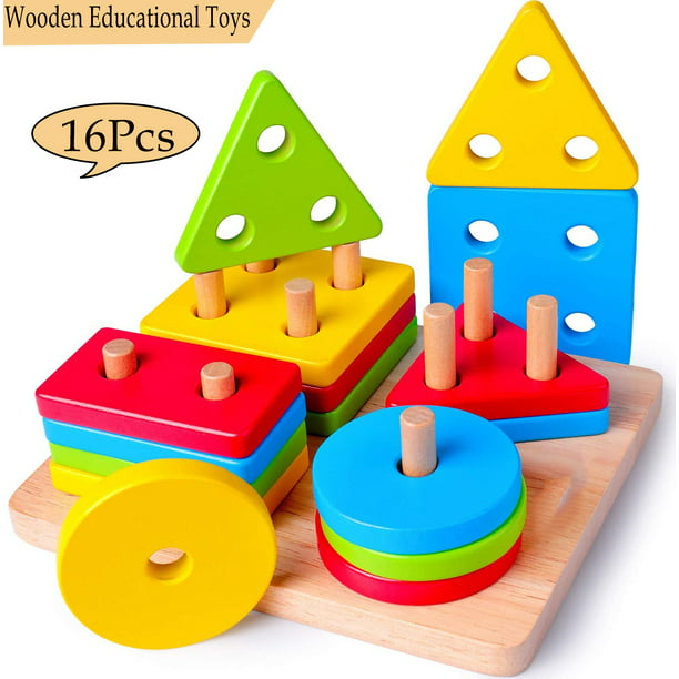 Toddler Educational Toys Stacking Toy Wooden Shapes for Toddlers Boxiki kids Geometric Shapes Toy Color Sorting Toys Learning Toys for 4 Year Olds Wooden Stacking Toys 